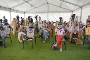Journalists at a news conference on the opening of the international jazz festival Koktebel Jazz Party 2021 in Crimea
