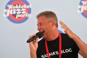 Musician Alexander Gershman at a news conference with Sasha’s Bloc band during the opening of the international jazz festival Koktebel Jazz Party 2021 in Crimea