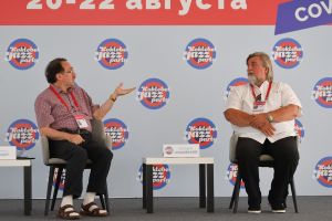 People’s Artist of Russia, jazz pianist Daniel Kramer (left) and professor, pianist and composer Valery Grokhovsky at the news conference Music Duel: Daniel Kramer vs. Valery Grokhovsky during the opening of the international jazz festival Koktebel Jazz Party 2021 in Crimea 
