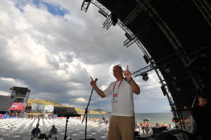 Alexei Kortnev, musician, frontman and leader of the band Neshchastny Sluchai, during the sound check at the opening of the Koktebel Jazz Party 2021 international jazz festival in Crimea