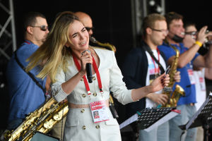 Olga Sinyayeva, AllSee Band vocalist and leader, during a sound check at the Koktebel Jazz Party 2021 international jazz festival in Crimea