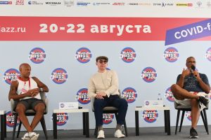 Jazz musicians Mark Whitfield, pianist Yakov Okun and Craig Handy during a news conference by Yakov Okun’s International Jazz Ensemble, at the Koktebel Jazz Party 2021 international jazz festival in Crimea
